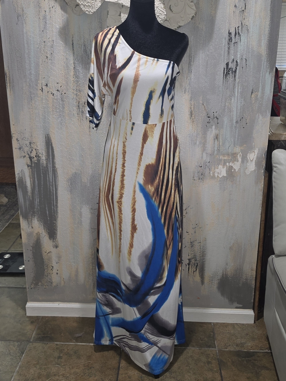Dress Day Gorgeous One-Shoulder Abstract Blue & Brown Print Maxi Dress Size Med